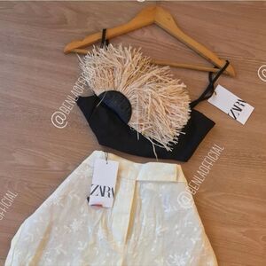 NWT ZARA  FLORAL RAFFIA LINEN TOP